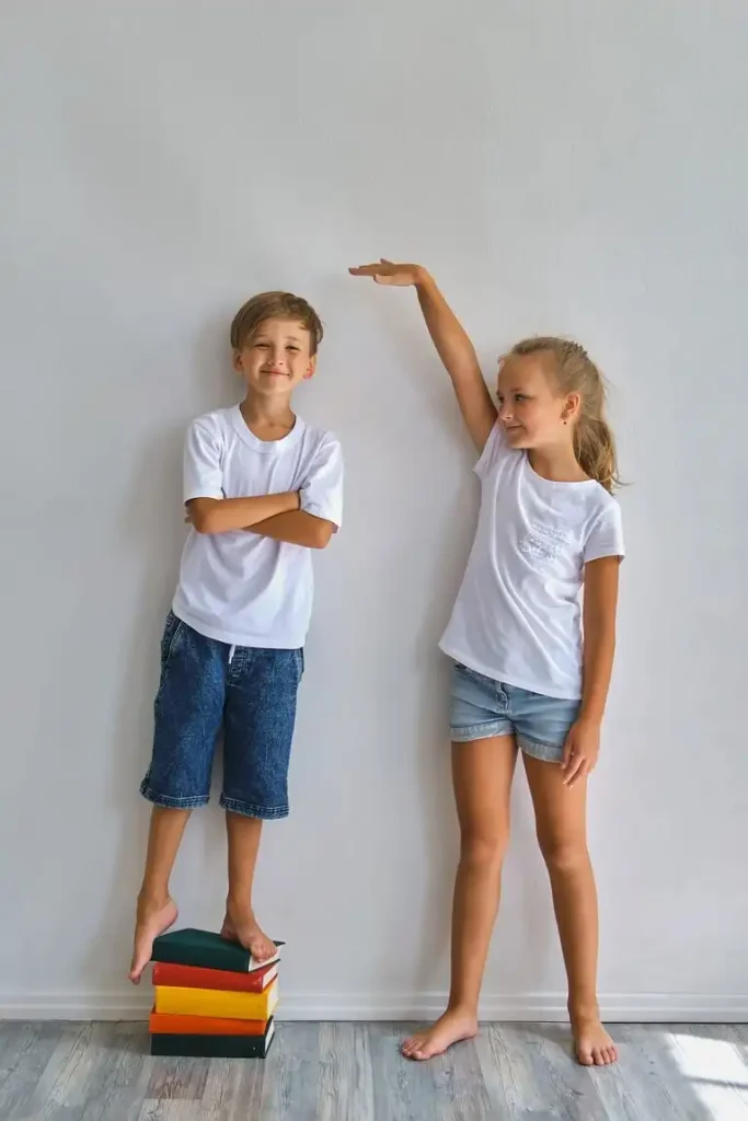 A boy and a girl are measuring their own heights, with the boy measuring 150 cm (4 feet 11 inches)